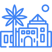 A blue pixel art picture of a building and palm tree.
