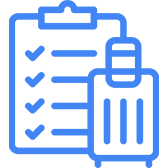 Blue icon of a clipboard with checkmarks and a suitcase, symbolizing travel planning or a checklist.