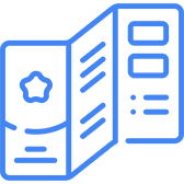 Icon of a folded brochure with text and a star symbol, in light blue on a transparent background.