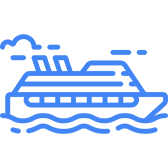 A blue ship is in the water.