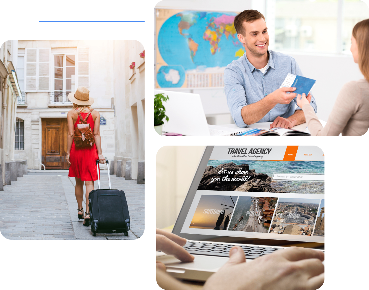 Woman in red dress with suitcase; smiling man at travel agency handing ticket to customer; laptop displaying travel agency website.