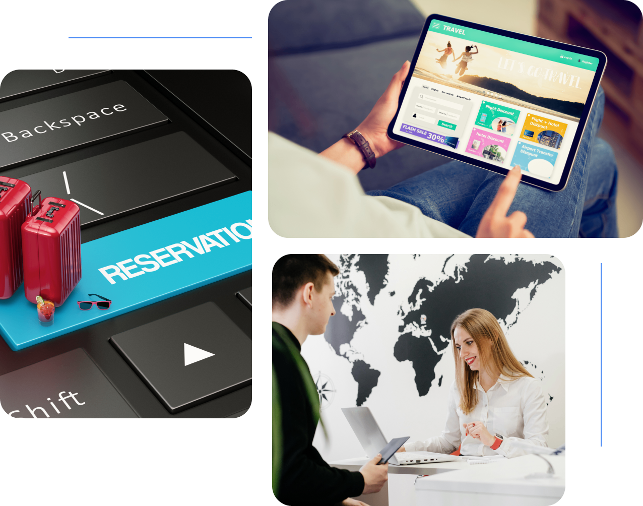 A reservation keyboard key, a person browsing travel packages on a tablet, and two people discussing in an office with a world map background.